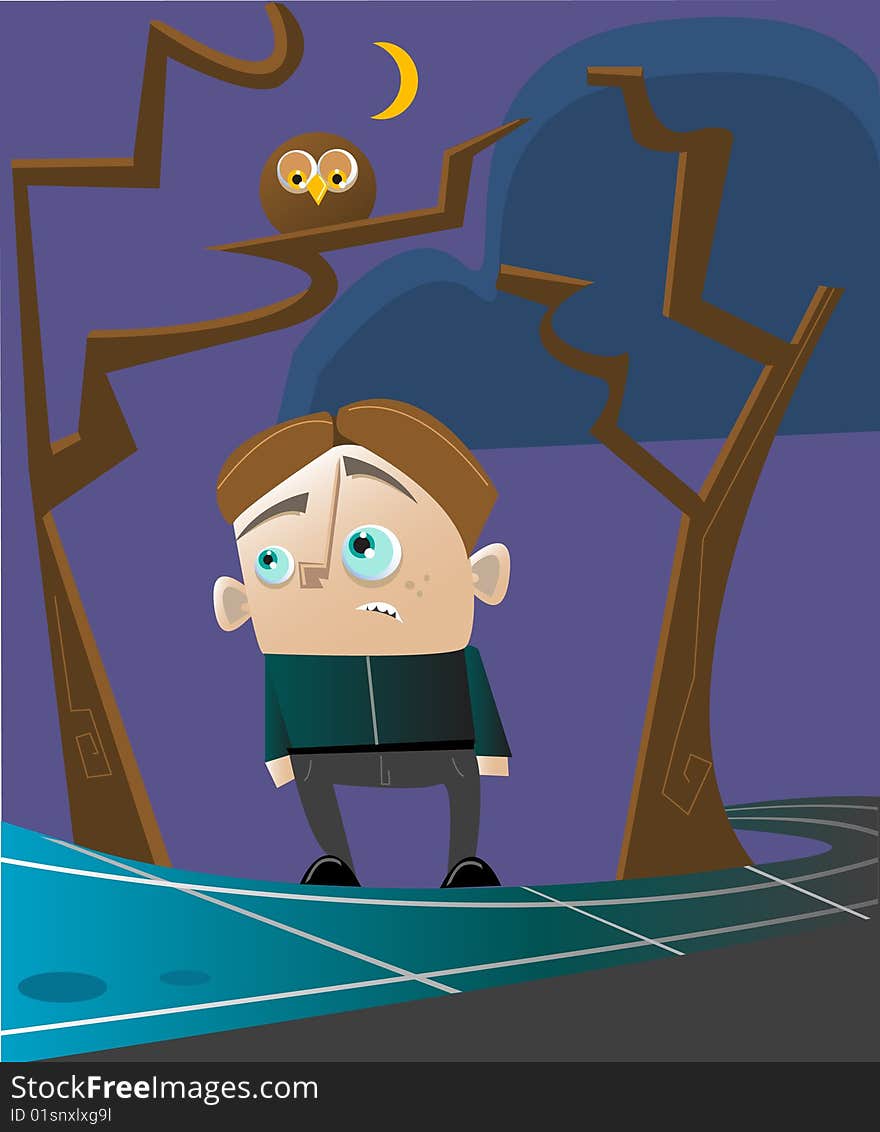 Vector of a boy in a scary forest. Vector of a boy in a scary forest