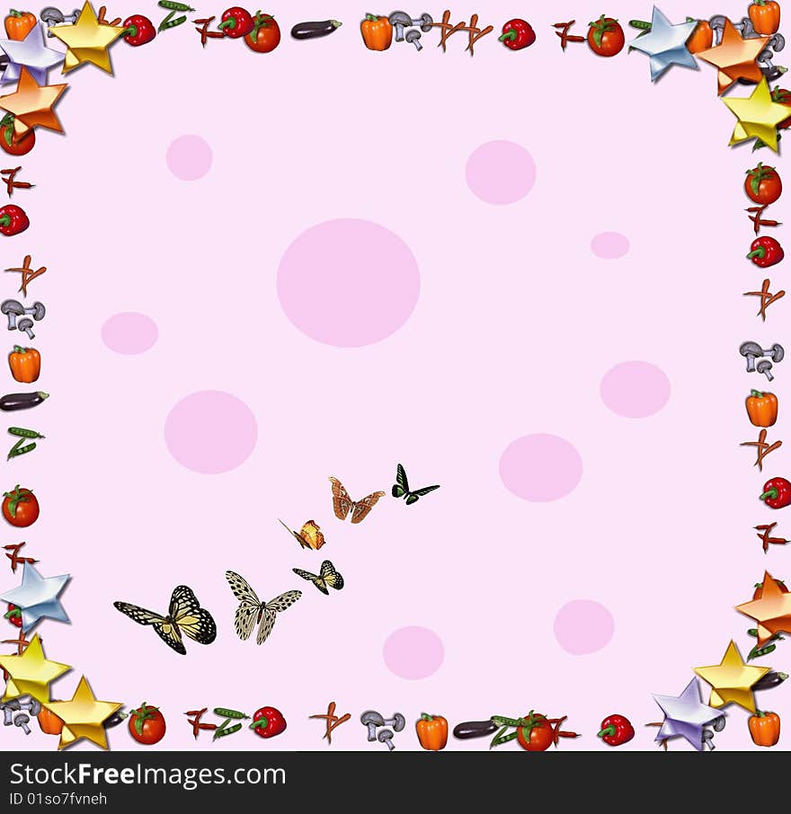 Beautiful border with pink spots and flying butterflies of different sizes