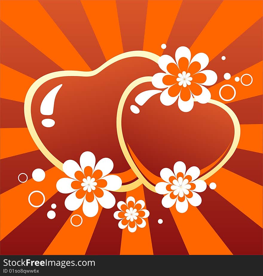 Stylized hearts and flowers on a striped background.