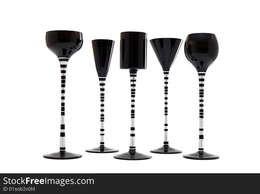 Black-and-white wine glasses various the form on thin, long legs