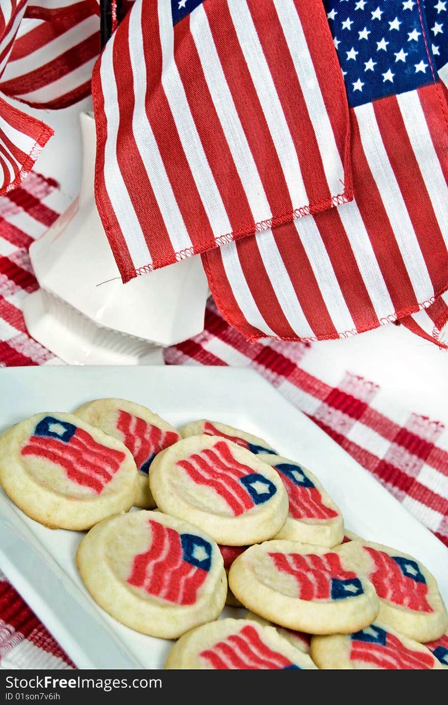 Flag sugar cookies with American flags. Flag sugar cookies with American flags.