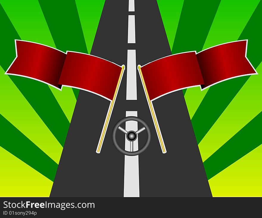 Two red flags on road. Symbol of speed. Two red flags on road. Symbol of speed