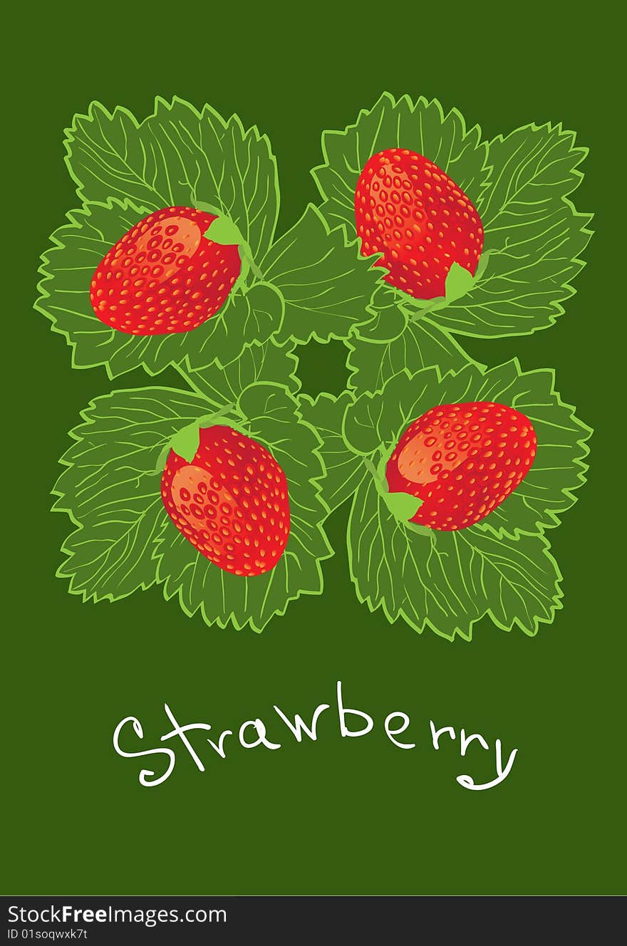 Vector background, and a ripe strawberry on green leaves