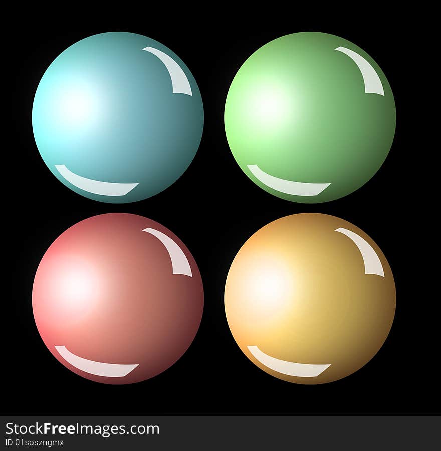 Four spheres over black background. Blue, red, Green and orange colors