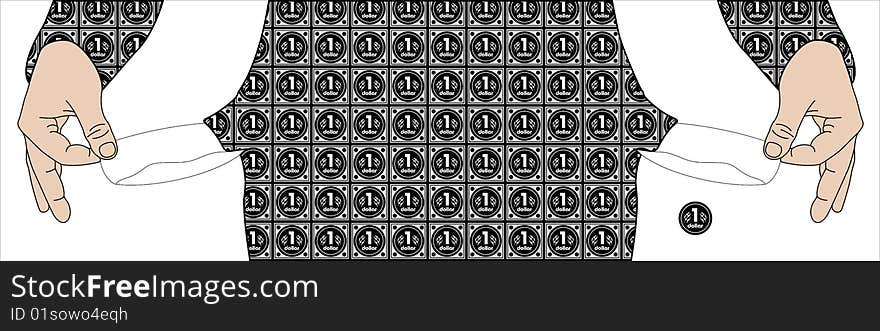The man has pulled out pockets from own trousers. One dollar drops out of a pocket. The man has pulled out pockets from own trousers. One dollar drops out of a pocket