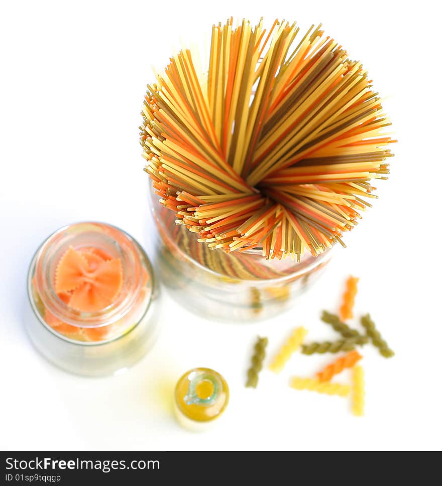 Pasta with oil bottle from upside