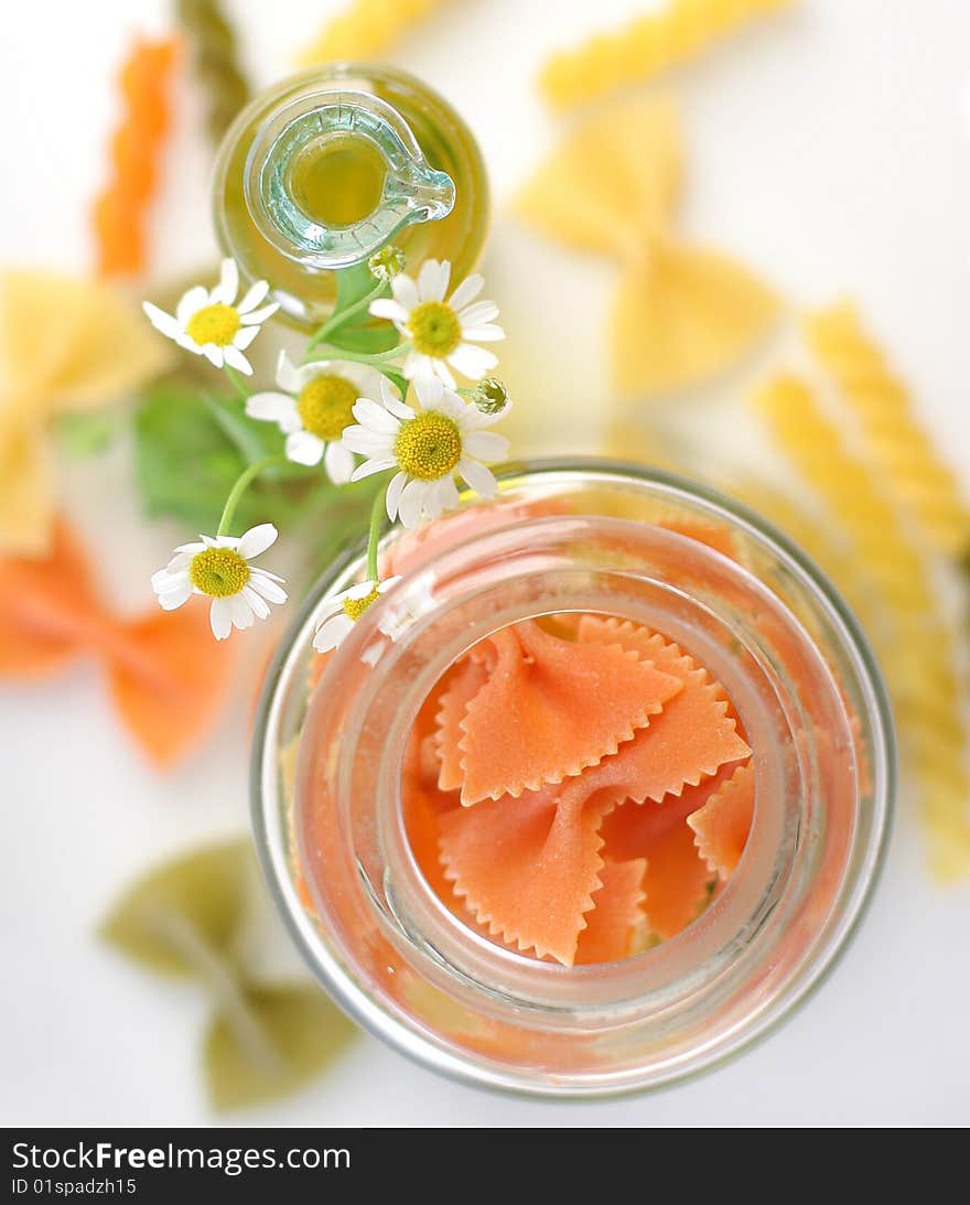 Pasta with oil bottle from upside