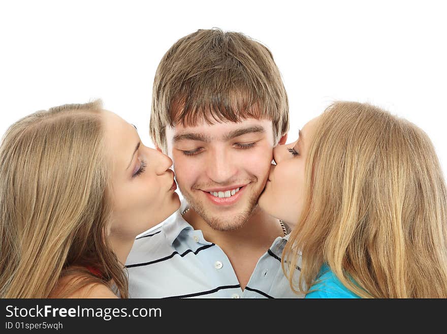 Portrait of a funny man with his girlfriends. Portrait of a funny man with his girlfriends.