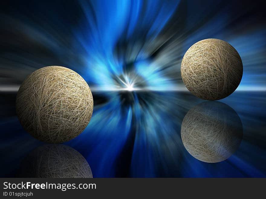 Two hay spheres on abstract dark blue background