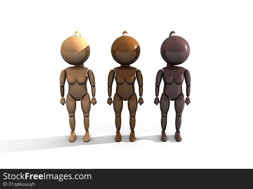 Three wooden feminine characters - 3DThree wooden