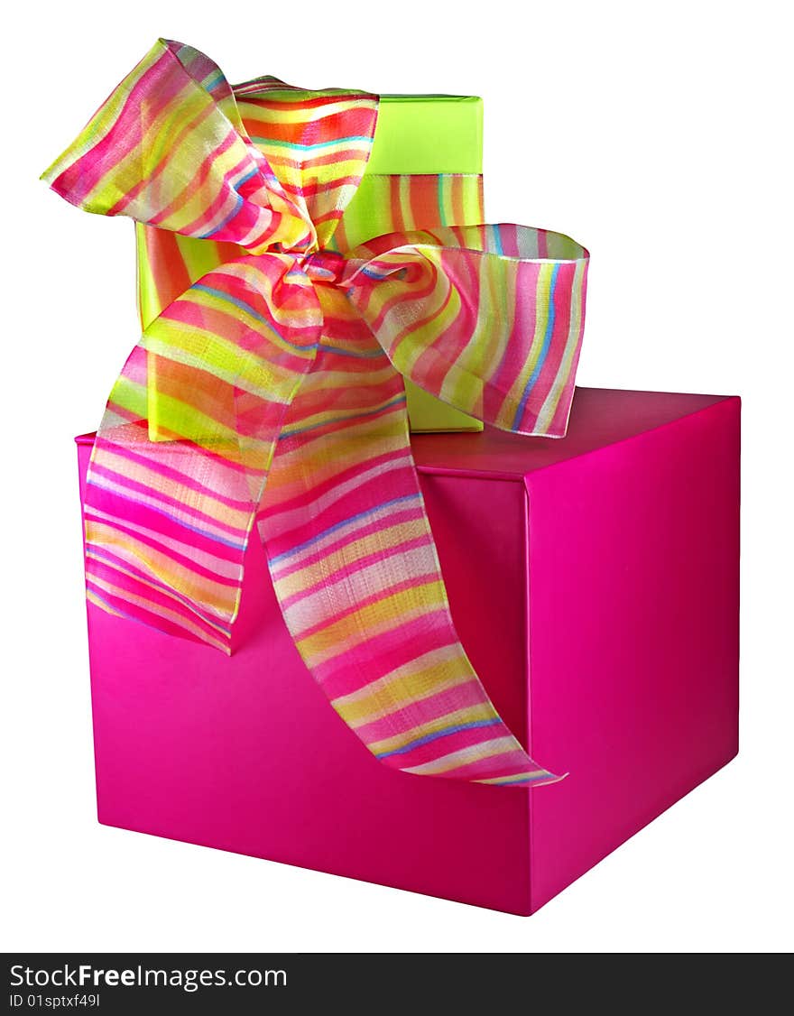 Two brightly-colored gift boxes