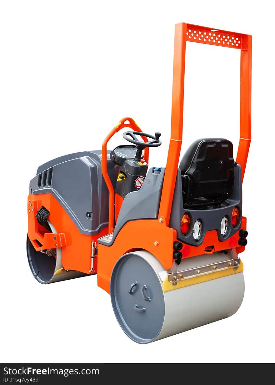 Orange road roller isolated over white background