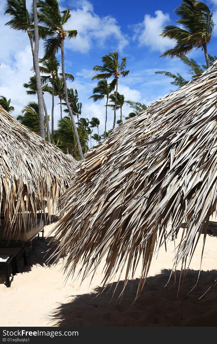 Beach huts on beach in Punta Cana, Dominican Republic