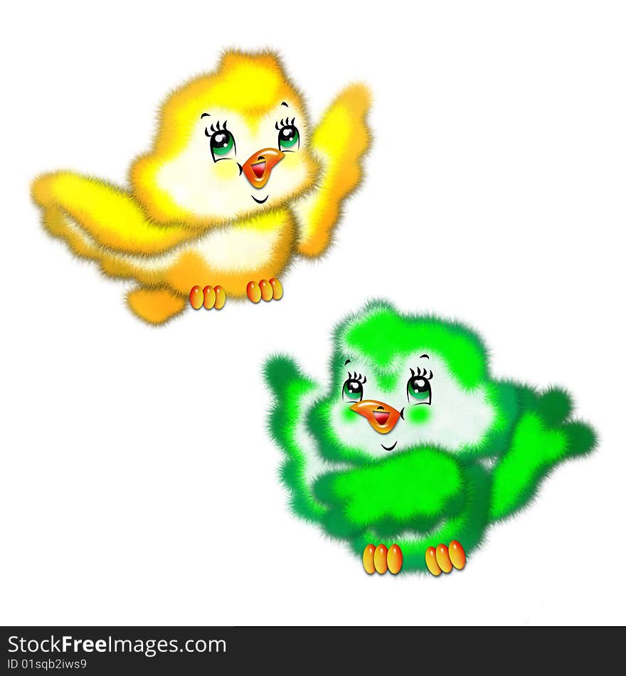 The drawn fluffy birds of yellow and green colour