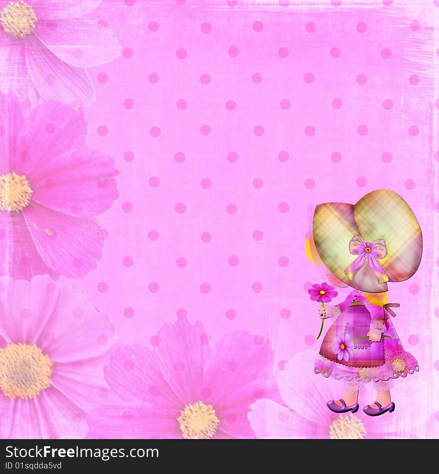 The girl drawn with colours in violet colour on a flower background. The girl drawn with colours in violet colour on a flower background