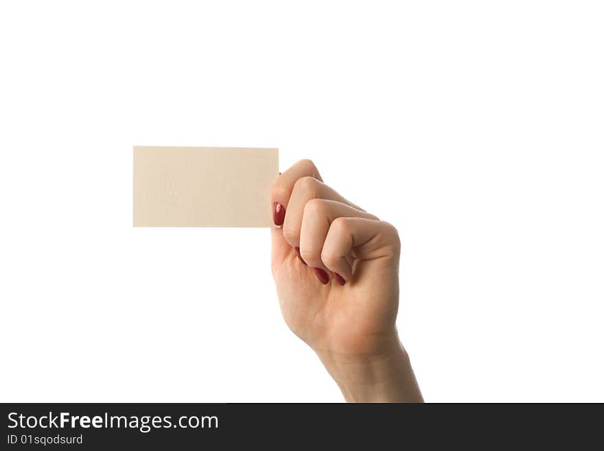 Woman's hand with business card on white. Woman's hand with business card on white