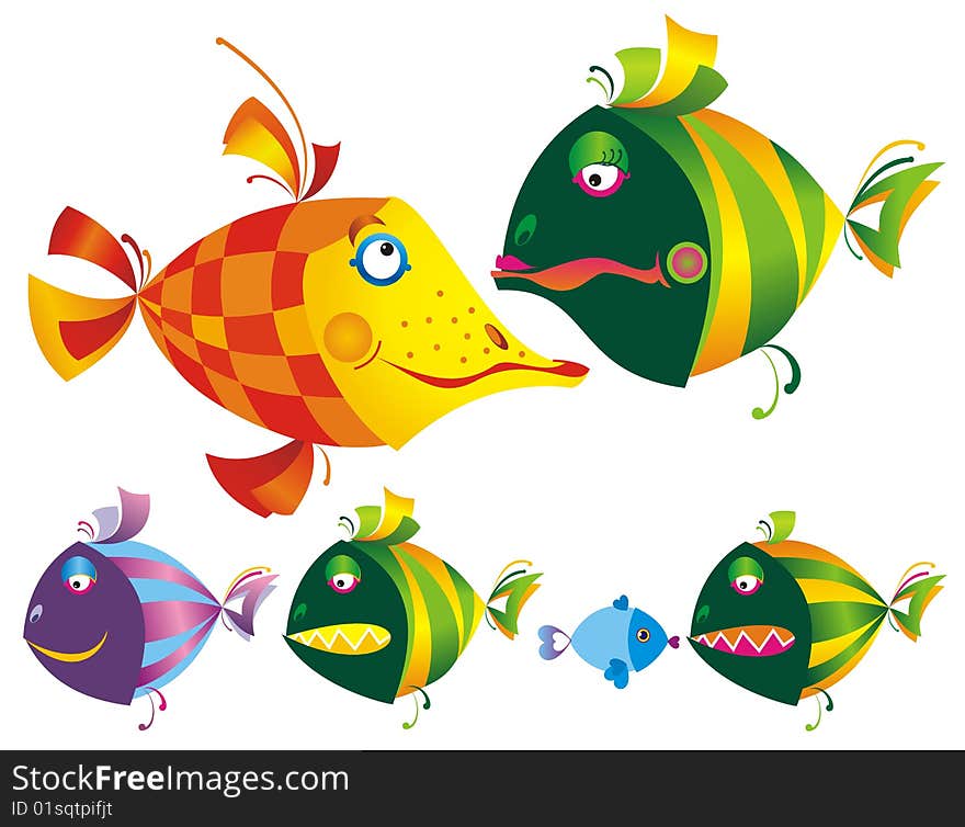 Set of colored funny fishes.