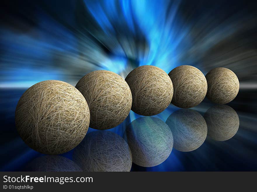 Five hay spheres on abstract dark blue background