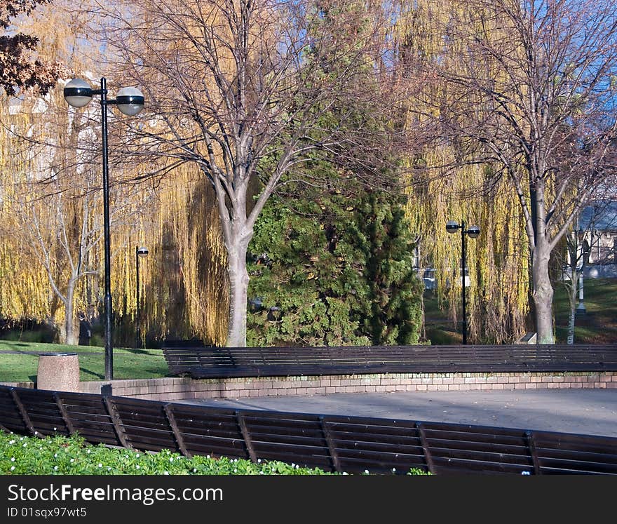 Park Benches In Open Plaza