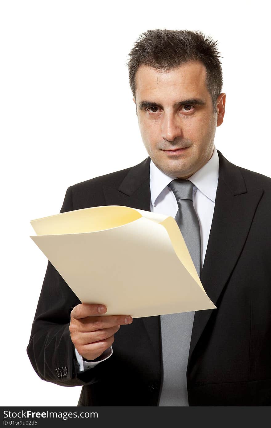 Businessman reads a document with query. Businessman reads a document with query