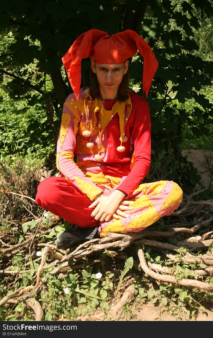 Man dressed in a clown`s costume walking outdoor