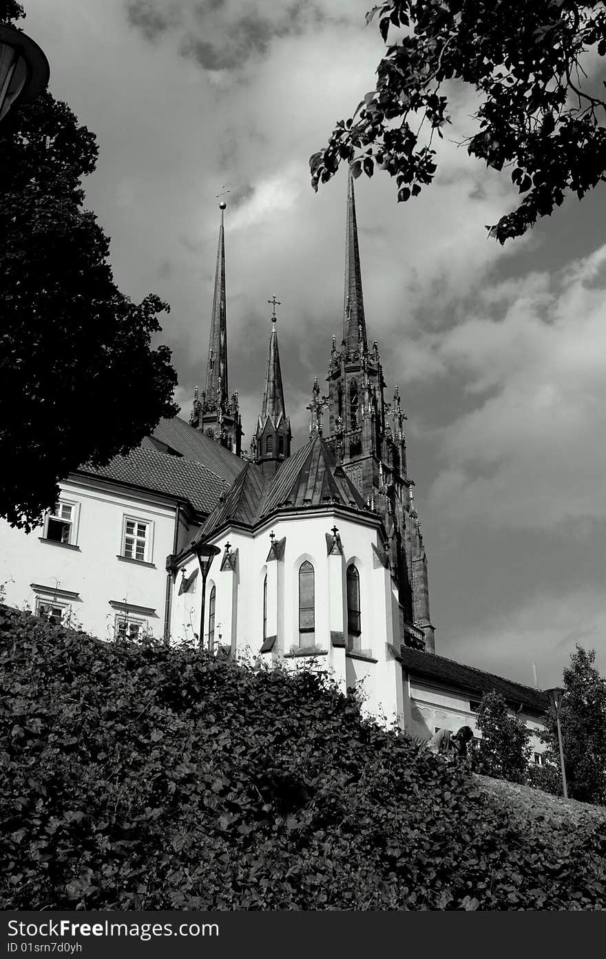 Church of the cathedral in the background and trees in the foreground