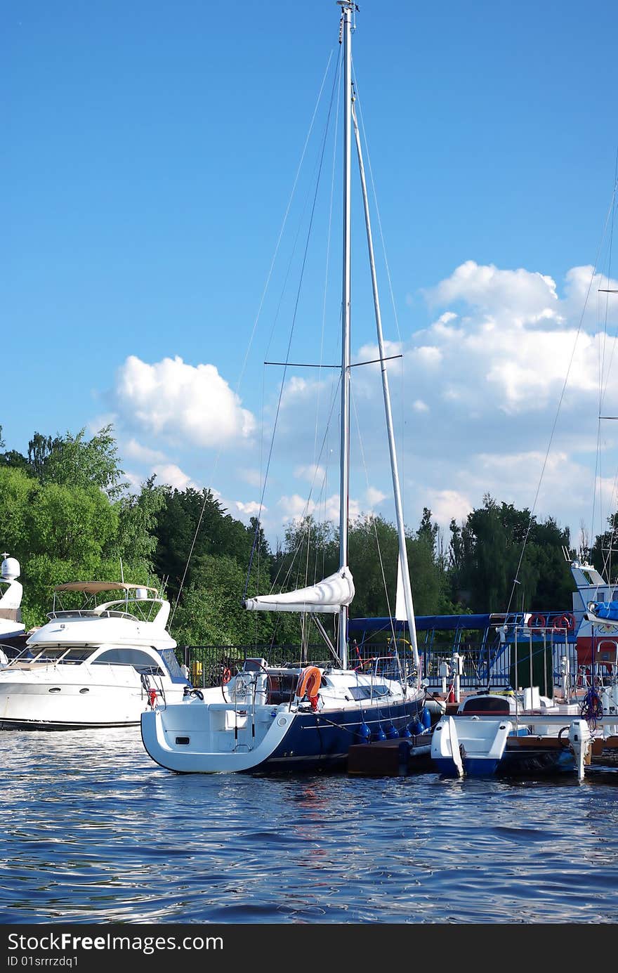 Yacht moored to a pier in sailing club.
The shoot is made during the championship of Russia on sailing in sailing club  Vodnik