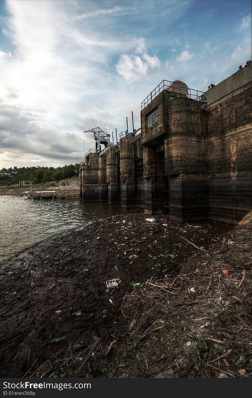 A dam barrier in Brno, czech republic with with 8m lowered water level