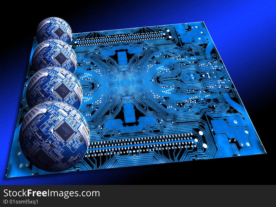 Motherboard & four scheme spheres on dark blue background