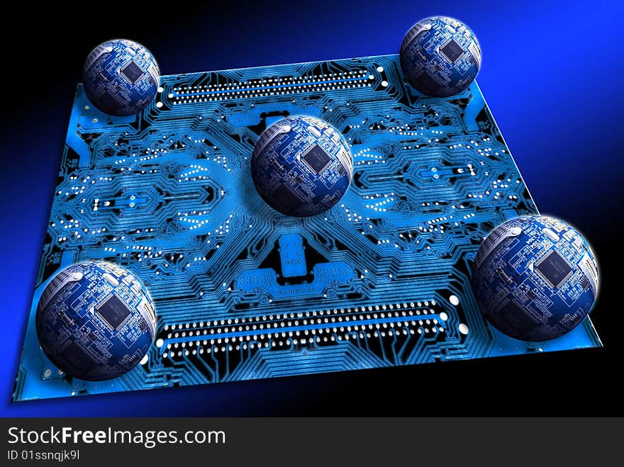 Motherboard & five scheme spheres on dark blue background