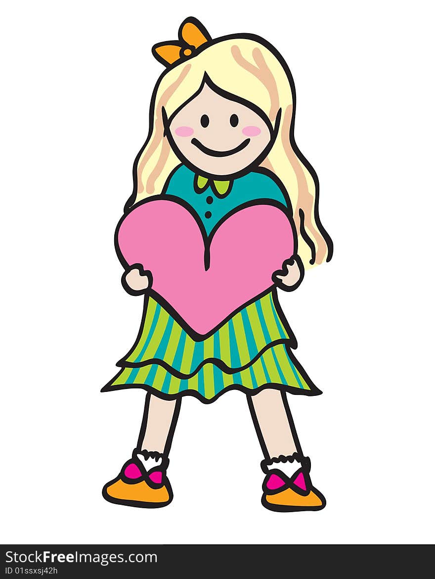 Girl holding heart hand drawn illustration isolated over white background