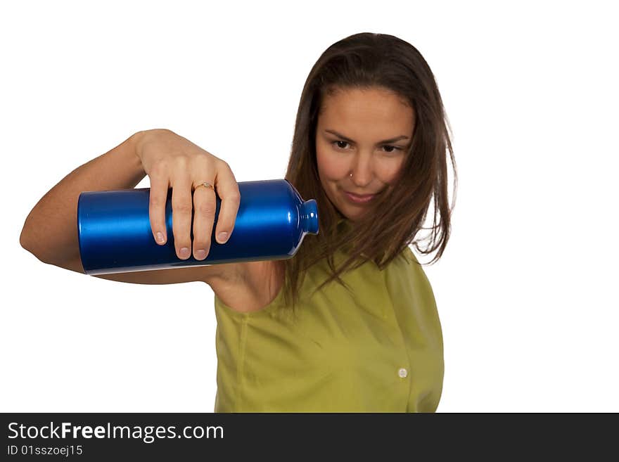 Woman holding blue bottle of water