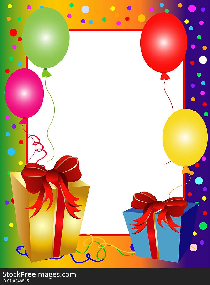 Illustration of a colorful party background with balloons and presents