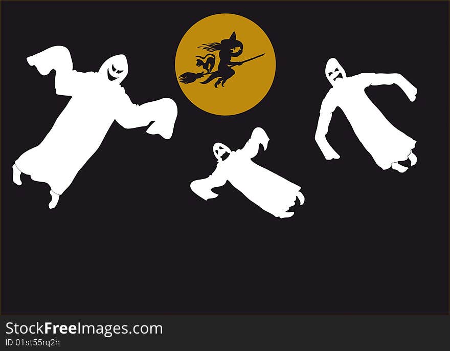 Three white ghosts on a black background.Witch silhouette against the backdrop of the moon. Three white ghosts on a black background.Witch silhouette against the backdrop of the moon.