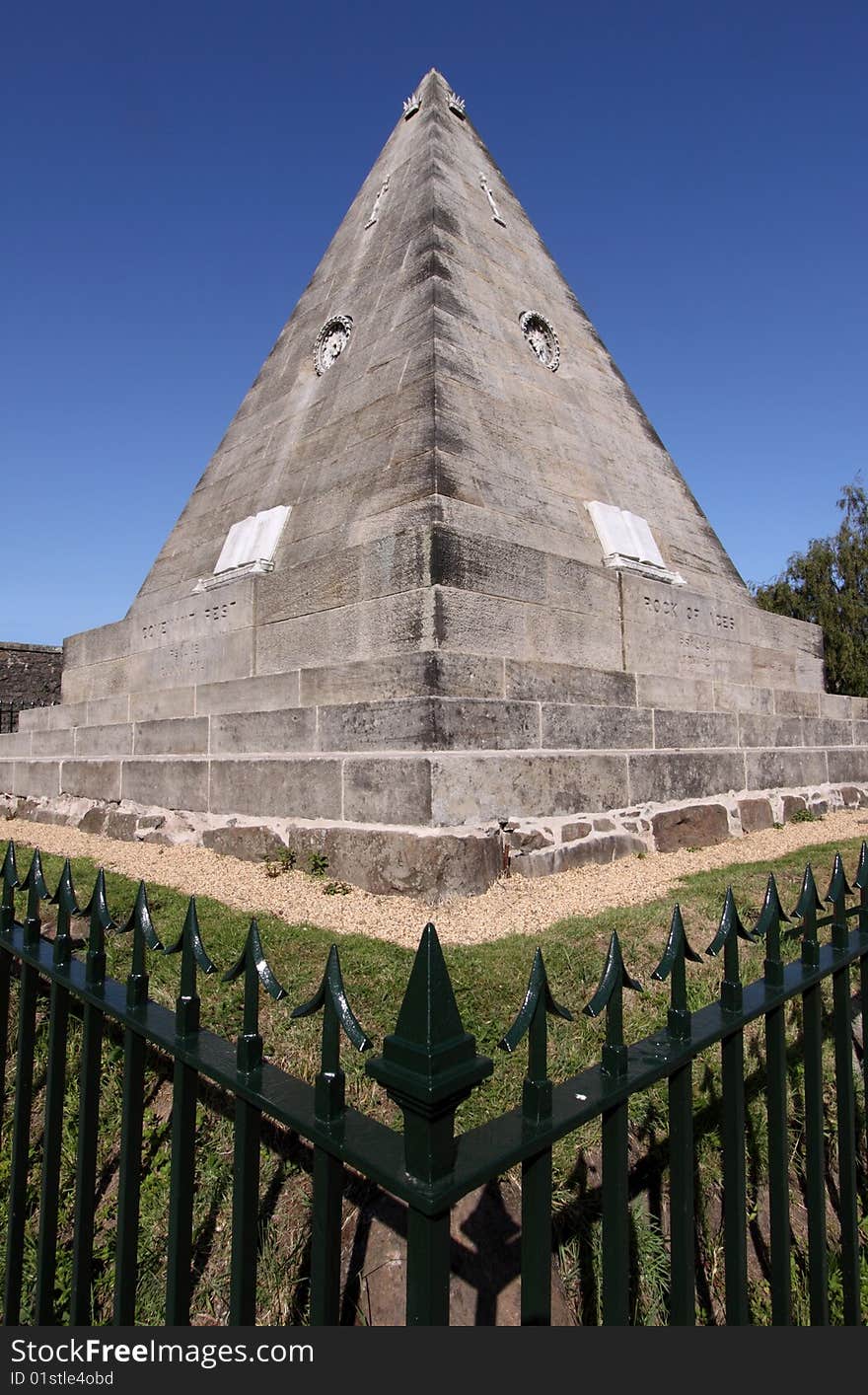 Monumental stone pyramid commissioned in the mid-19th century by William Drummond as a memorial to the martyrs of the Reformation and Covenanting era in Scotland and set somewhat incongruously in Stirling's Valley Kirkyard. Monumental stone pyramid commissioned in the mid-19th century by William Drummond as a memorial to the martyrs of the Reformation and Covenanting era in Scotland and set somewhat incongruously in Stirling's Valley Kirkyard.