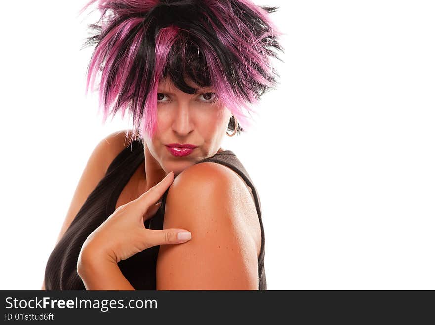 Pink And Black Haired Girl Portrait Isolated on a White Background.