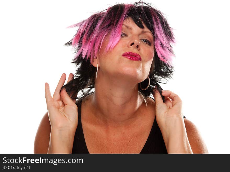 Pink And Black Haired Girl Portrait Isolated on a White Background.