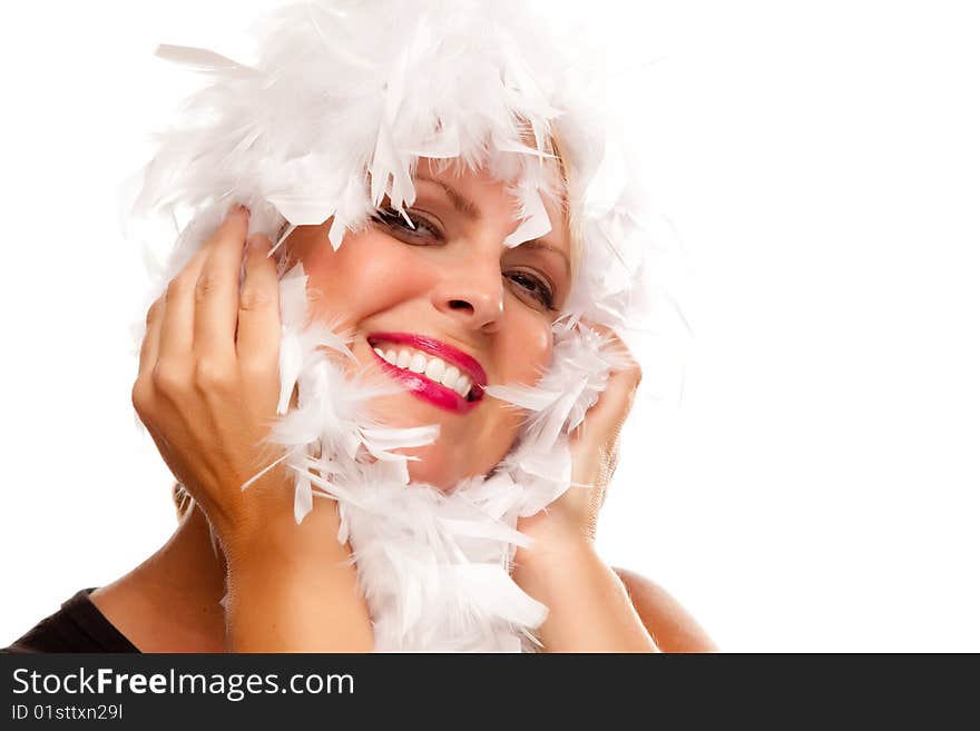 Pretty Girl with White Boa Isolated on a White Background.