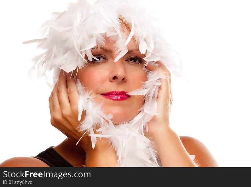 Pretty Girl with White Boa Isolated on a White Background.