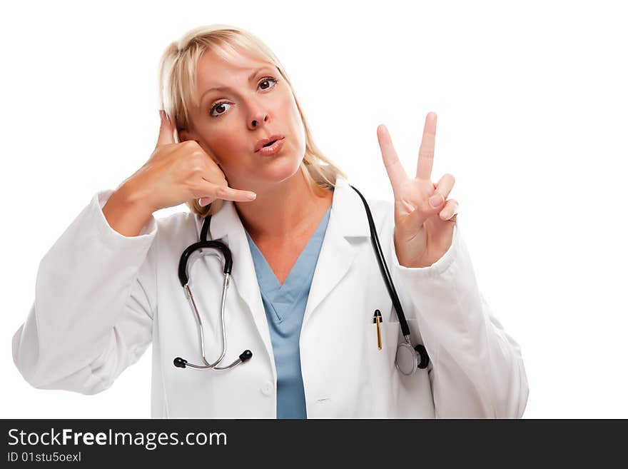 Friendly Female Blonde Doctor or Nurse Saying Take Two and Call Me with Her Hands Isolated on a White Background.