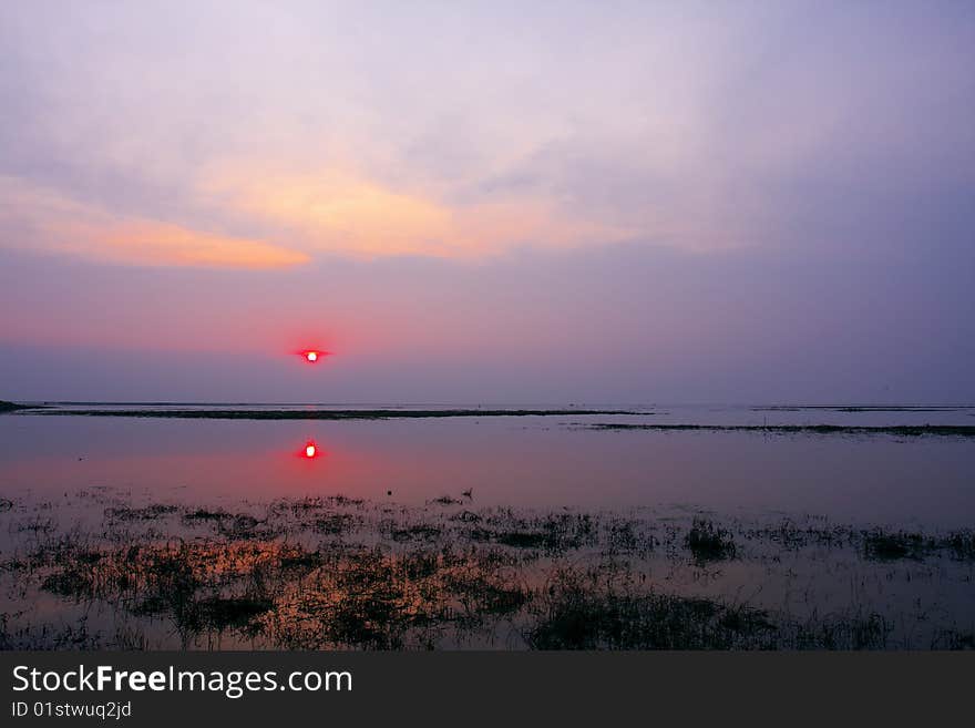 The lake is very beautiful at sunset