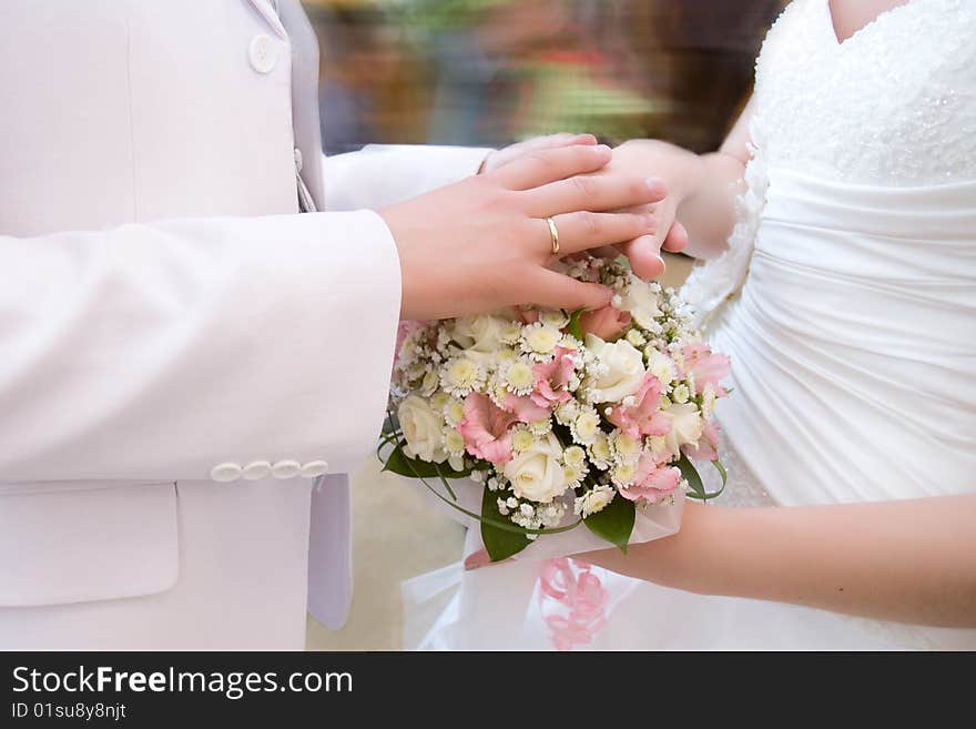 Colorful bride and groom picture on the isolated background