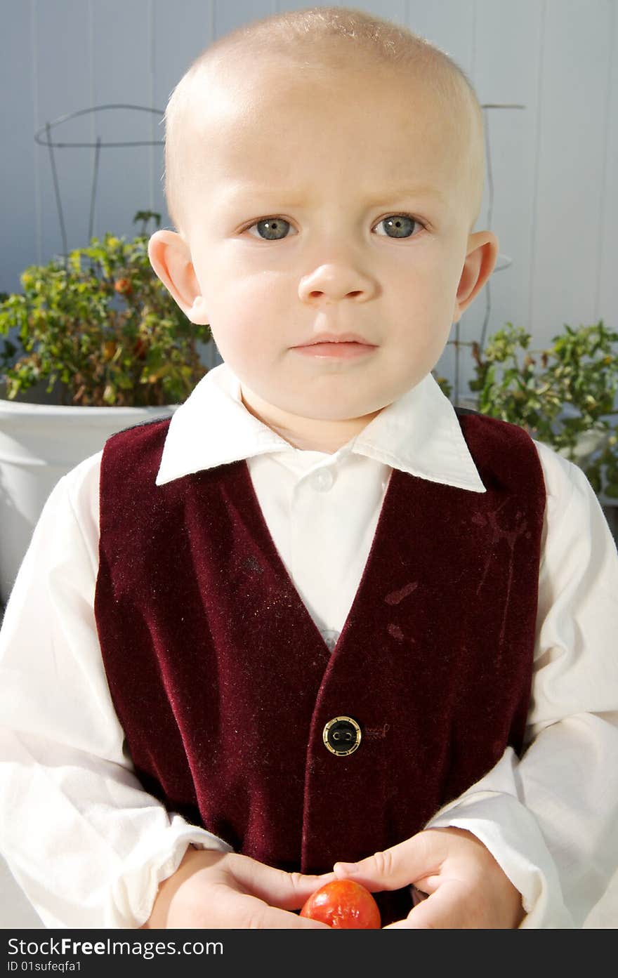 An interested little boy with big blue eyes and a bald head. An interested little boy with big blue eyes and a bald head