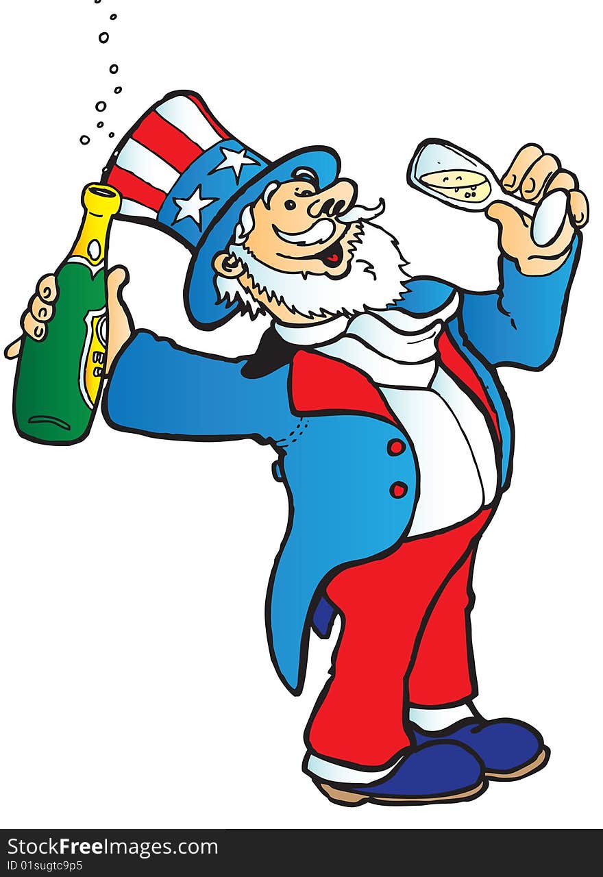 Uncle Sam celebrates with a glass of bubbly champagne