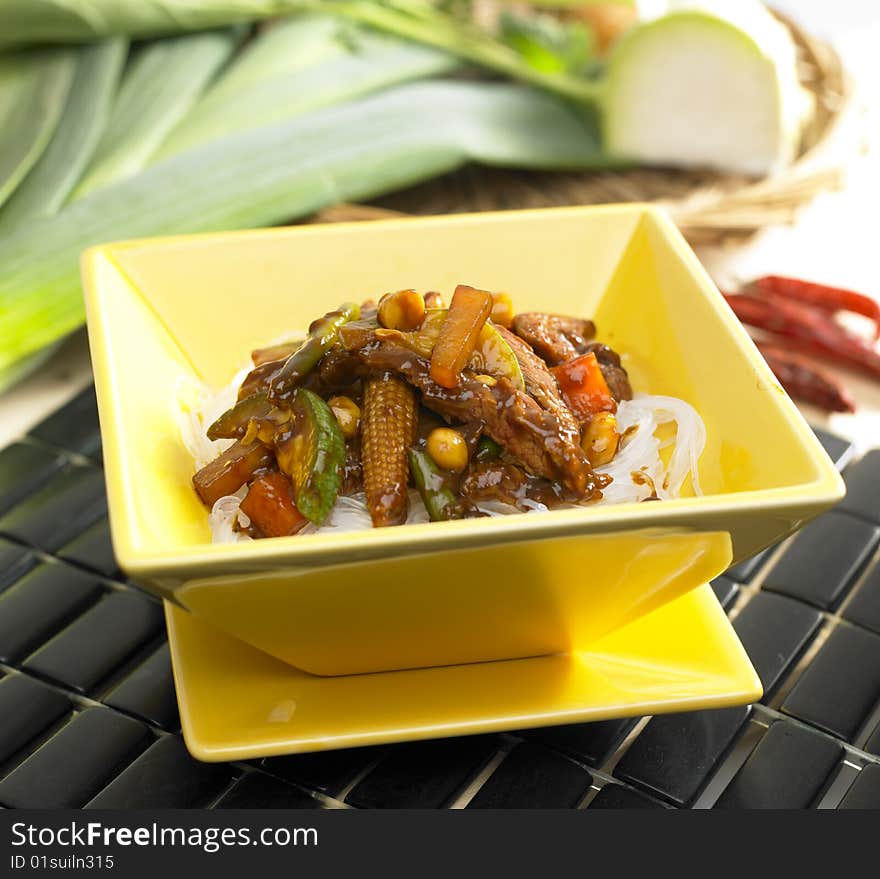 Chinese beef noodles with small corns