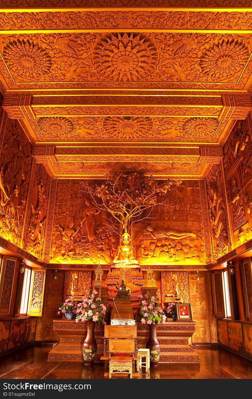 Interior of wholly teak wood church, Thailand