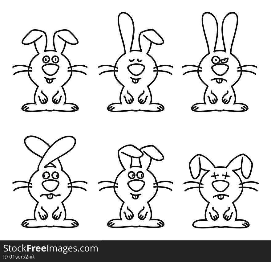 Six funny bunnies with different expressions on white