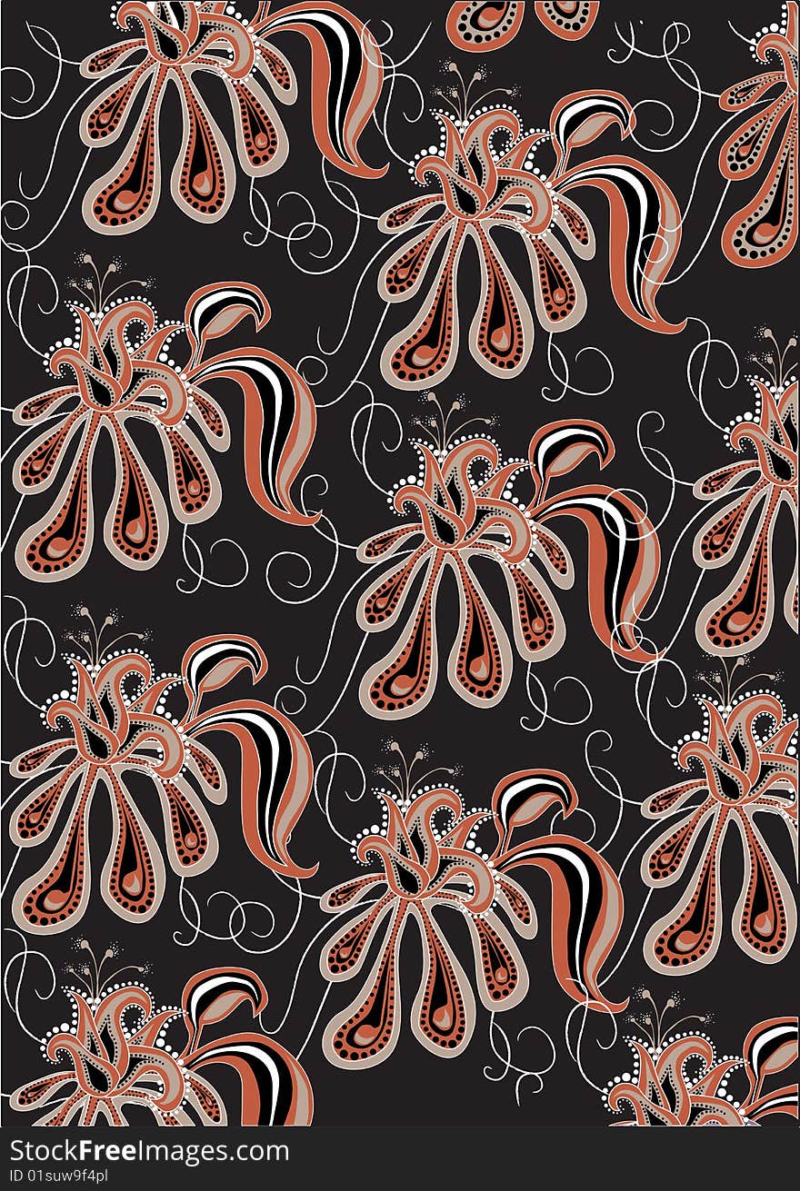 Vector illustration of  funky flowers abstract pattern on the black background