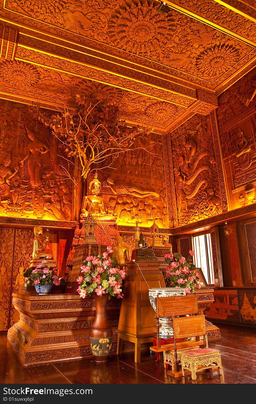 Interior Of Wholly Teak Wood Church, Thailand