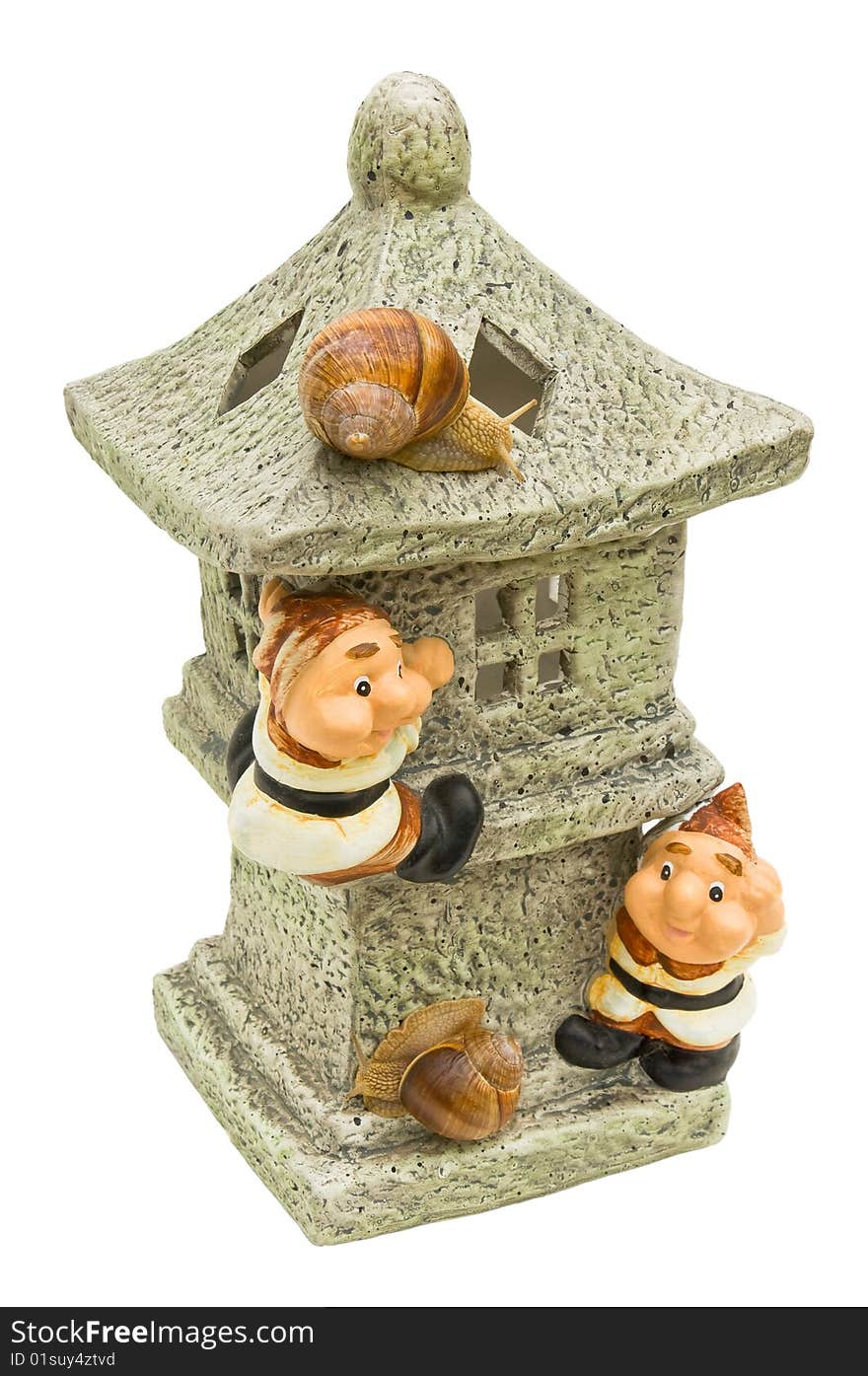 Decorative small house for a garden with gnomes and live snails on a white background